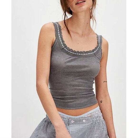 Free People Intimately FP NEW So Sweet Gray Ribbed Lace Ribbon Cami Tank Top S - Picture 1 of 15